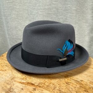 Stetson Mallory Made in Canada Wool Feather Gray Fedora Hat Mens Sz 7